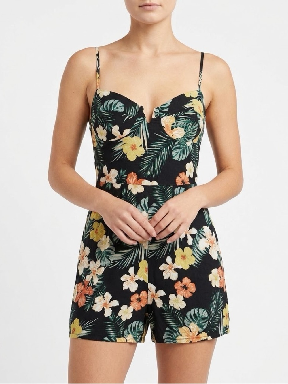 Wild Fable Tropical Floral Bustier Romper Black Hawaiian Vacation
